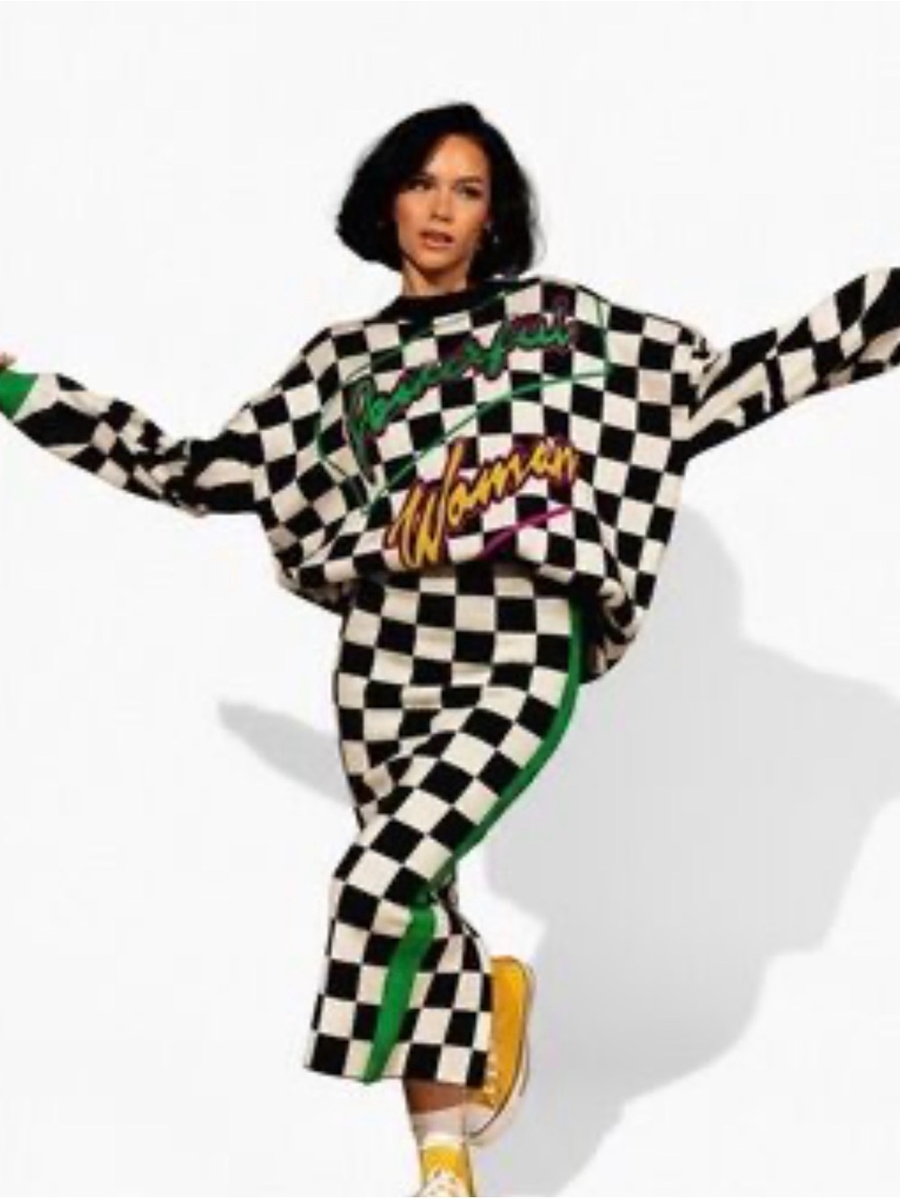 Dressed in LALA Black & White Checkerboard Crewneck Sweater with Green Accent